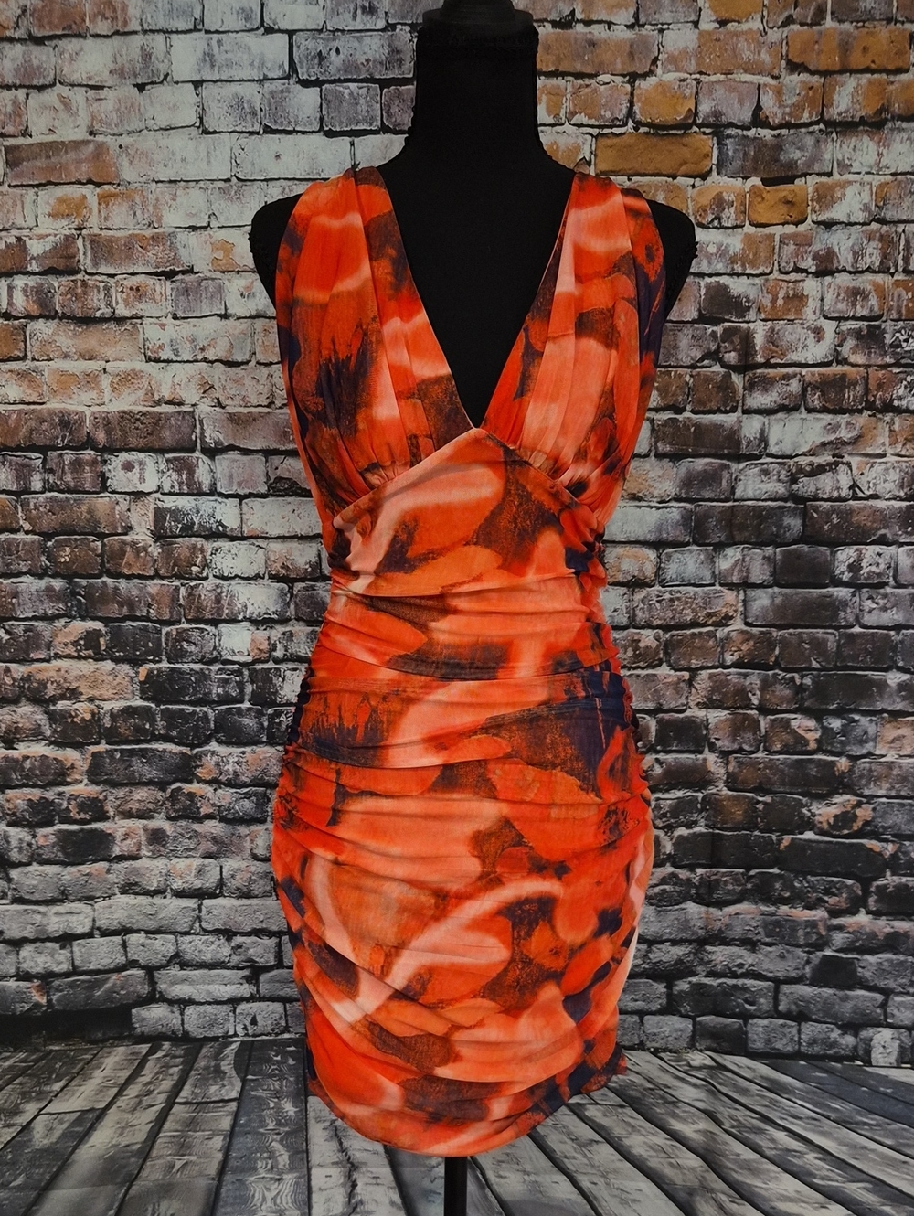 AKIRA Red Orange Abstract V-Neck Sleeveless Mini Dress